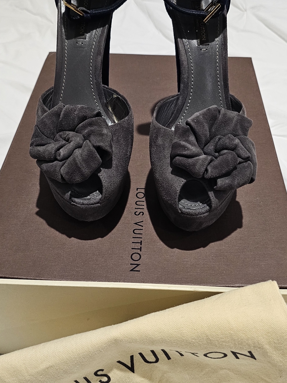 Louis Vuitton Grey And Blue Suede Peep-Toe Heels with Rosette Detail